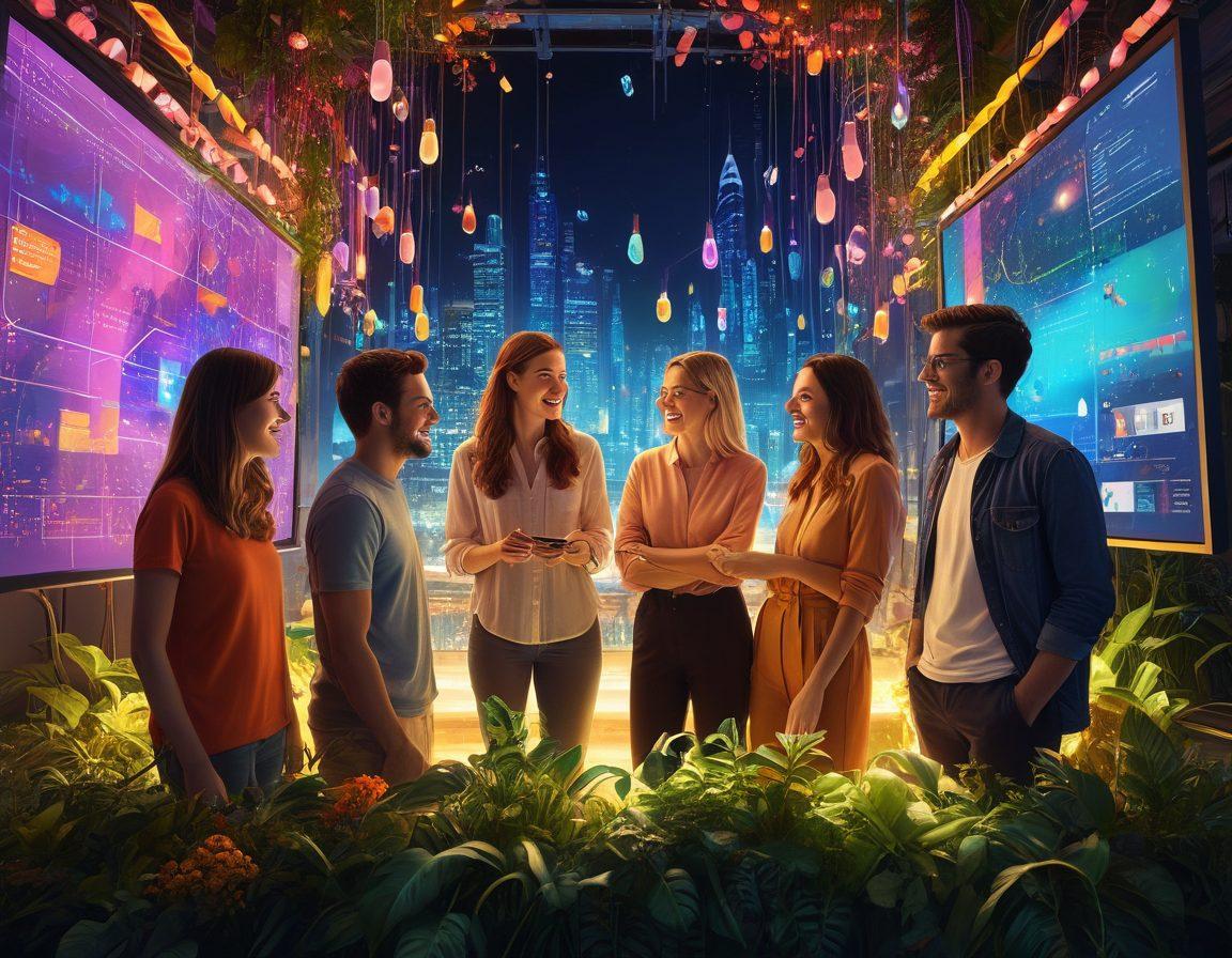 A whimsical scene depicting a diverse group of people gathered around a glowing digital screen, sharing engaging stories through vibrant visual elements like charts and animations. Incorporate elements of inspiration, such as light bulbs and flowing colorful ribbons symbolizing creativity. The background should blend a technology-themed cityscape with nature for a harmonious feel. super-realistic. vibrant colors. digital art.