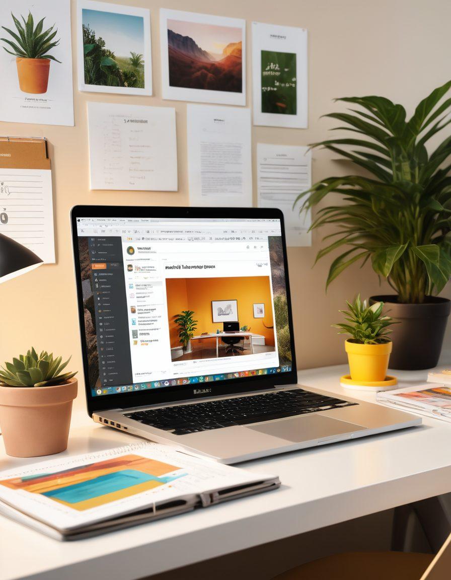 An engaging workspace scene with a laptop displaying a well-organized blog interface, surrounded by colorful notebooks, coffee mugs, and a potted plant for inspiration. The background features a gallery of printed articles, showcasing evolution from blogs to articles. Soft natural light filters through a window, illuminating the vibrant colors of the materials. super-realistic. vibrant colors. office setting.